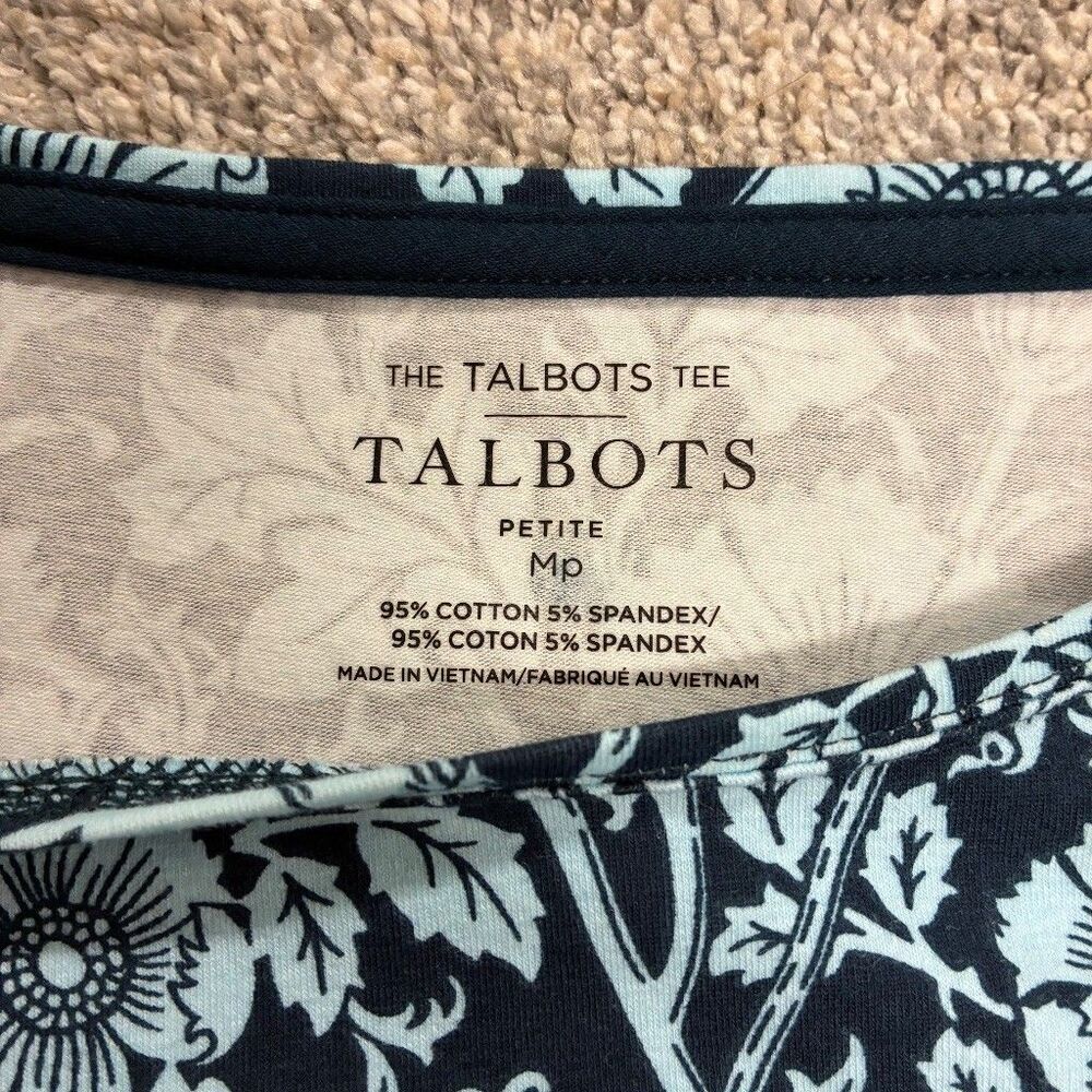 Talbots Petite MP Floral Long Sleeve Tee Navy Blue Aqua Cotton Stretch - Picture 2 of 8